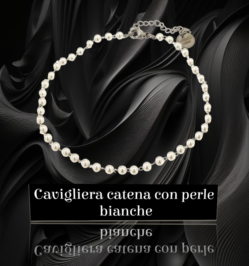 Cavigliera catena con perle bianche